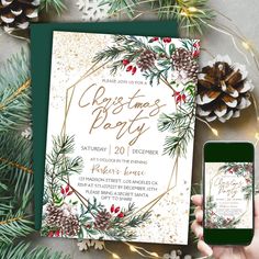 a christmas party flyer with pine cones and evergreen leaves on it, next to an iphone