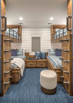 a bedroom with bunk beds and blue carpet