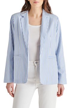 Laid-back polish defines this lightweight linen-kissed blazer designed with a layer-perfect open front. Open front Notched lapels Front welt pockets 90% cotton, 10% linen Hand wash, dry flat Imported Blue Summer Blazer For Business Casual, Spring Business Casual Button-up Blazer, Summer Blue Linen Blazer, Blue Linen Summer Blazer, Summer Cotton Blazer In Blue, Summer Cotton Blue Blazer, Summer Blue Cotton Blazer, Summer Cotton Blazer With Long Sleeves, Blue Linen Blazer For Spring