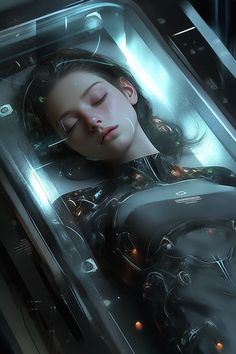 a woman laying down in a machine with her eyes closed