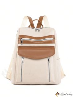 BirdinBag - Versatile Two-Tone Backpack for Students: Ideal for College, High School, and Outdoor Adventures Backpack With Zipper Pocket For Errands, Shoulder Backpack With Zipper For Errands, Beige Satchel Backpack With Large Capacity, Beige Large Capacity Backpack, Beige Travel Bags For Back To School, Cream Backpack For Travel And Back To School, Beige Travel Backpack Shaped As Shoulder Bag, Beige Backpack For Travel, Beige Backpack With Zipper For Everyday Use