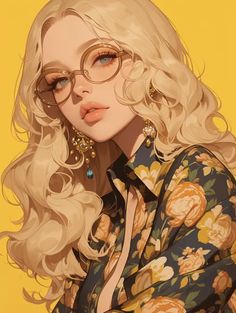 a woman with blonde hair wearing glasses and a flowered shirt is looking off to the side