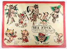 an old tin sign with various tattoos on it's sides and the words frix et tatoo frits written below