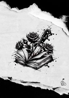 an ink drawing of a book with roses on it and a knife in the middle