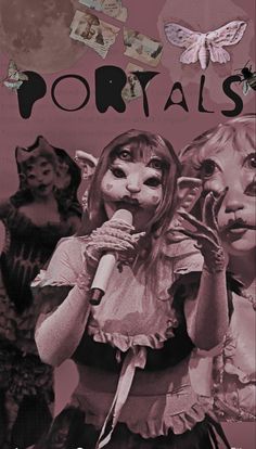 a poster with the words portraits on it and two girls in costumes holding microphones