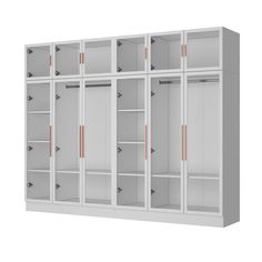 a white cabinet with several doors and two copper handles on the bottom, in front of a white background