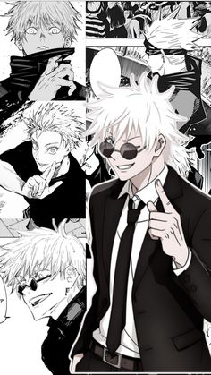 an anime character with white hair and glasses in front of black and white background, surrounded by other characters