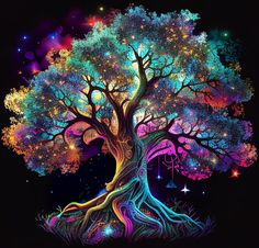 a colorful tree with stars in the background