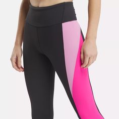 These Reebok women's Lux High-Rise Colorblock Leggings transition seamlessly from your workout to the rest of your day. A wide, high-rise waistband hugs you in for a secure and flattering fit. Made in our performance Nylux fabric with a soft, cotton handed feel. RBK-DRY technology helps wick away sweat and keeps you dry in spin class or the weight room. RBK-FRESH in the gusset helps eliminate odor so you're ready to power through even when body heat builds. Color blocked panels at the sides add Compression Color Block Activewear For Training, Athleisure Compression Color Block Activewear, Functional Compression Color Block Activewear, Color Block Compression Activewear, Functional Compression Activewear With Color Block, Pink Color Block Athleisure Activewear, Nike Color Block Running Activewear, Color Block Running Athleisure Activewear, Athleisure Running Color Block Activewear