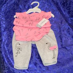 [Nwt] Carter's 3mos Flamingo Onesie & Leggings Set Super-Cute Pink Onesie With An All-Over Flamingo Print (Some Have On Sunglasses, Some Little Crowns, & Butterflies Flying Around- So Adorable!). Little Pink Bow By The Neck & Ruffle Cap Sleeves. 3 Snaps At Bottom. + Little Grey (Long) Pants/Leggings With 2 Flamingos - One On Each Leg. They're Looking At Each Other & Blushing, & The Left One Has 2 Pink Net Pompoms Attached. Absolutely Precious! See Photos For Details & Measurements From Tag. Come Pink Summer Playwear Pants, Pink Cotton Pants For Playtime, Pink Cotton Playwear Pants, Pink Stretch Bottoms For Playtime, Stretch Pink Bottoms For Playtime, Pink Cotton Pants For Playwear, Pink Stretch Cotton Sets, Stretch Pink Cotton Sets, Looking At Each Other