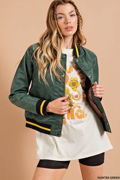 Varsity Bomber Jacket Varsity Bomber Jacket // Contrast Neckline and Sleeves // Fully Lined // Button Up Closure Fits true to size 100% Polyester Jacket Varsity, Baseball Varsity Jacket, Green Satin, Hunter Green, Varsity Jacket, Bomber Jacket, Button Up, Stripes, Baseball