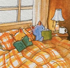 a watercolor painting of a cat reading in bed