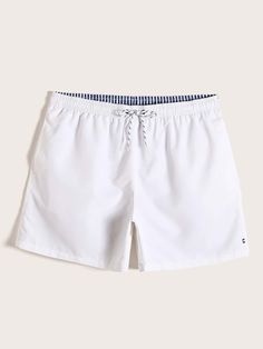 White Boho Collar  Fabric Plain Bottoms Embellished Non-Stretch  Men Clothing White Fitted Swim Trunks, Casual White Short Swim Trunks, White Fitted Short Swim Trunks, White Fitted Short-length Swim Trunks, White Swim Trunks, Men Waist, Swimming Beach