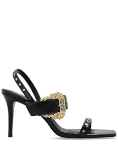 black faux leather side buckle fastening gold-tone hardware logo-engraved buckle stud detailing ankle strap square open toe branded insole high stiletto heel Designer Heels With Ankle Strap And Buckle Closure, Luxury Heels With Gold Buckle, High Heel Sandals With Gold-tone Hardware For Parties, Party Sandals With Gold-tone Hardware And High Heel, High Heel Party Sandals With Gold-tone Hardware, Evening Sandals With Rectangular Buckle Closure, Designer High Heels With Gold-tone Hardware, Designer Open Toe Heels With Buckle, Designer Open Toe Heels With Buckle Closure