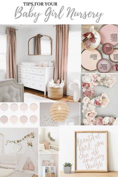 a baby girl nursery room with pink and white decor, flowers, and other items