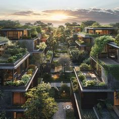 an aerial view of a building with lots of trees and plants on the roof, surrounded by greenery