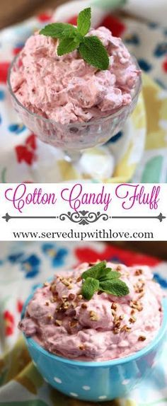 cotton candy fluff in a glass bowl with mint sprig on the top