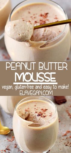 peanut butter mousse in glasses with spoons on the side and text overlay