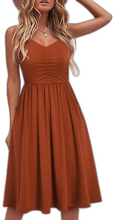 Casual Brown Sleeveless Dress, Orange Sleeveless Solid Color Dress, Sleeveless Solid Orange Dress, Ruched Sleeveless Dress For Fall, Solid Sleeveless Dresses For Fall, Fall Sleeveless Solid Dresses, Solid Sleeveless Dress For Fall, Casual Orange Sleeveless Mini Dress, Solid Ruched Midi Length Sleeveless Dress