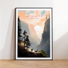 a poster with the words yosemite national park on it in front of a white wall