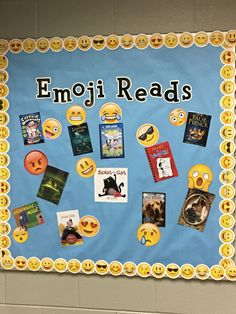 a bulletin board with emoji read's written on it in front of a classroom wall