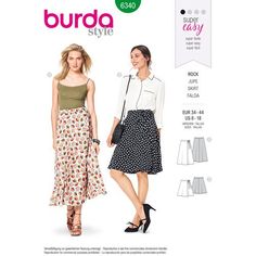 a woman in a skirt and blouse is standing next to an advertisement for the burda style