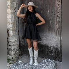 Brand New Homecoming Dress With Boots, Black Bow Dress, Red Cowgirl Boots, Boots Photo, Texas Boutique, A Night At The Opera, Homecoming Dance, Formal Style, Black Bow