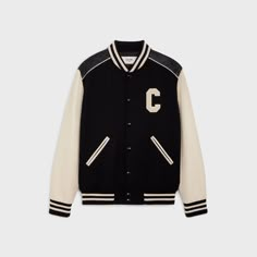 OVERSIZED WOOL TEDDY JACKET - Black | CELINE Shop Cloth, Leather Varsity Jackets, 90s Fashion Grunge, Vintage Preppy, Teddy Jacket, Men's Coats & Jackets, Fashion Man, Leather Sleeve, Baseball Jacket