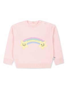 pink organic cotton knitted construction rainbow motif appliqué detail side button fastening crew neck long sleeves ribbed edge This item is made from at least 50% organic materials. Learn more about what makes a product Conscious on our Conscious Criteria page Pink Knit Tops With Ribbed Collar, Playful Crew Neck Knitted Sweater, Playful Knitted Cotton Tops, Pink Knit Long Sleeve Sweatshirt, Pink Long Sleeve Knit Sweatshirt, Playful Knitted Crew Neck Top, Playful Knitted Long Sleeve Tops, Pink Knit Sweatshirt, Pink Knit Sweater With Ribbed Collar