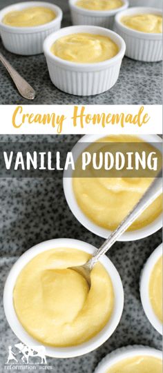 creamy homemade vanilla pudding in small white bowls with a spoon on the side and text overlay that reads, creamy homemade vanilla pudding