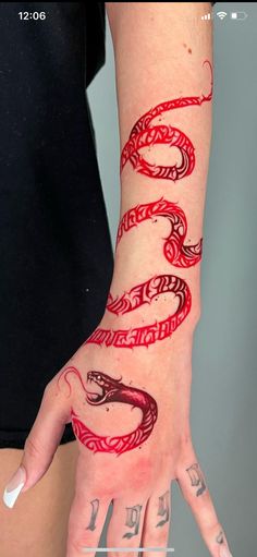 a woman's hand with tattoos on it and the word snake painted on it