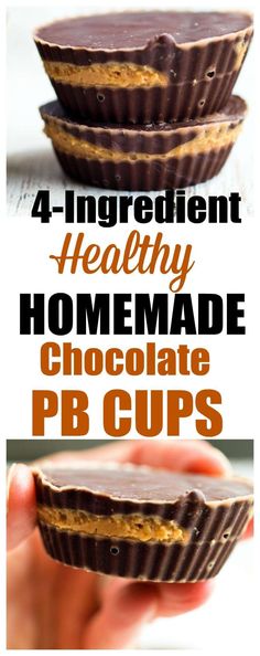 chocolate peanut butter cups with text overlay reading 4 ingredient healthy homemade chocolate pb cups