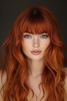 Bangs with long layers in vibrant auburn hair create stunning look. The rich auburn color adds warmth, while the side bangs frame the face beautifully, giving the layered cut added style and movement. Orange Hair With Bangs, Long Red Hair With Bangs, Bangs With Long Layers, Copper Aesthetic, Red Hair With Bangs, Auburn Red Hair, Midnight Purple, Auburn Color, Natural Red Hair