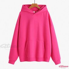 Qteee - Loose Fit Velvet Hooded Sweatshirt - High Street, Heavyweight, New Design, Thick Jacket-style Hooded Solid Color Top For Streetwear, Hooded Top For Streetwear, Pink Long Sleeve Outerwear With Kangaroo Pocket, Pink Fall Hoodie With Kangaroo Pocket, Oversized Plain Hooded Hoodie, Oversized Pink Fleece Sweater, Pink Long Sleeve Sweatshirt With Drawstring Hood, Casual Pink Sweater With Drawstring Hood, Pink Winter Hoodie Sweater