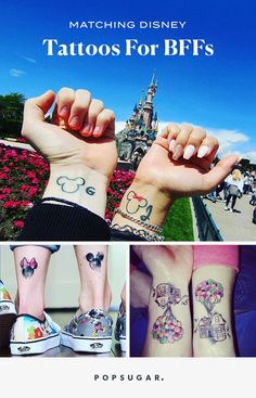 tattoos for biff's on both wrist and foot, with the disney castle in the background