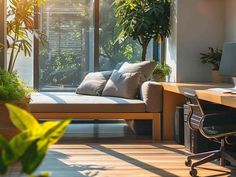 a couch sitting in front of a window next to a desk with a computer on it