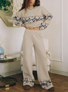 Alpine Knit Pants Cream / Blue Womens Loungewear Sets, Pants Cream, Cream Pants, 90’s Aesthetic, Cowgirl Aesthetic, Shearling Boots, Thanksgiving Outfit, Loungewear Sets, Buy Now Pay Later