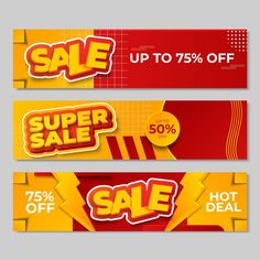 three sale banners with yellow and red colors, one is for super sale the other is for hot deal