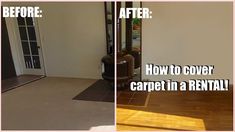 before and after photos of carpet cleaning in a home's living room with wood flooring