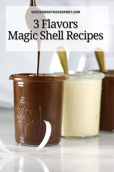 three jars filled with different types of chocolate and vanilla ice cream on top of a counter