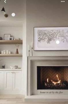 a fire place sitting inside of a living room next to a wall mounted art piece