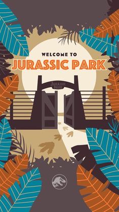 the welcome sign to jurasic park is surrounded by tropical leaves and trees, with a full moon in the background