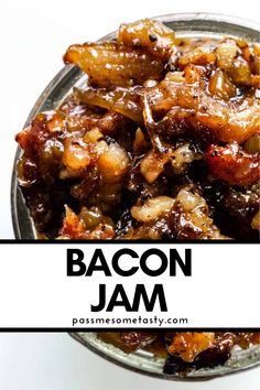 A jar of bacon jam. Savory Jam, Roasted Brussels Sprouts, Cheese Sandwich, Roasted Brussel Sprouts