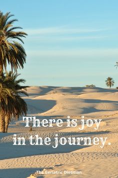 there is joy in the journey with palm trees and sand dunes behind it that reads, there is joy in the journey