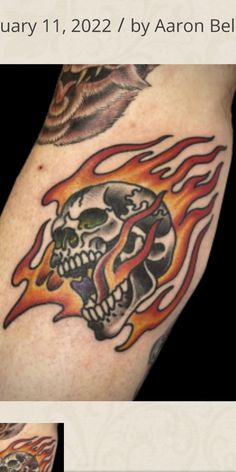 a tattoo with flames and skulls on the arm is shown in three different views, including one