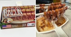 bacon is being cooked on skewers next to a box of bacon wrapped in bacon