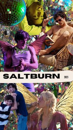 the collage shows people in costumes and disco balls, with text that reads saltburnn