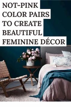 a bedroom with blue walls and pink bedding is featured in the article not - pink color pairs to create beautiful feminine decor