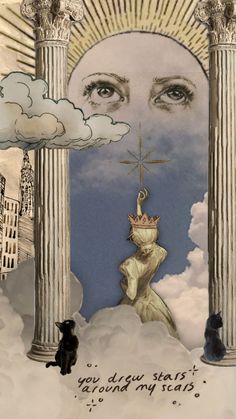 a drawing of a woman's face surrounded by columns and clouds with a cat sitting on the ground