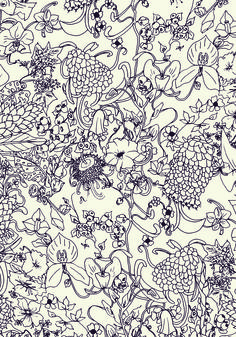 an abstract floral pattern with black and white flowers on a cream background in the style of doodle